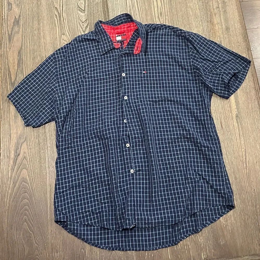 Tommy Hilfiger Shirt Button Down Checked Short Sleeve Casual Navy Blue XL